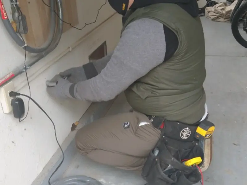 Electrician performing outlet wiring in a Hanahan garage
